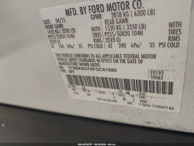 45798767 :رقم المزاد ، 1FM5K8GT6FGC61580 vin ، 2015 Ford Explorer Sport مزاد بيع