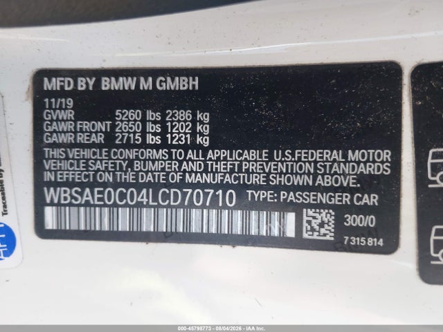 2020 Bmw M8 Competition მანქანა იყიდება აუქციონზე, vin: WBSAE0C04LCD70710, აუქციონის ნომერი: 45798773