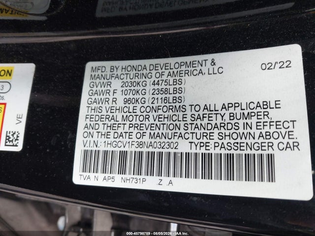 Продаж на аукціоні авто 2022 Honda Accord Sport, vin: 1HGCV1F38NA032302, номер лоту: 45798789