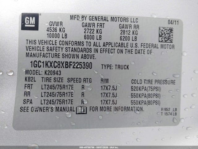 Aukcja sprzedaży 2011 Chevrolet Silverado 2500hd Lt, vin: 1GC1KXC8XBF225390, numer aukcji: 45798796
