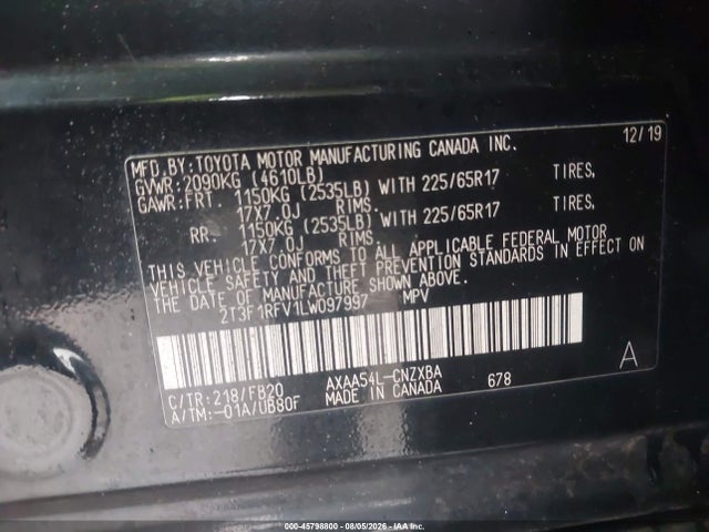 45798800 :رقم المزاد ، 2T3F1RFV1LW097997 vin ، 2020 Toyota Rav4 Le مزاد بيع