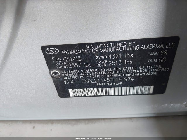 5NPE24AA5FH191974 Hyundai SONATA ECO