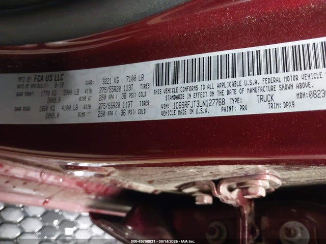 45798831 :رقم المزاد ، 1C6SRFJT3LN127768 vin ، 2020 Ram 1500 Laramie  4x4 5'7 Box مزاد بيع