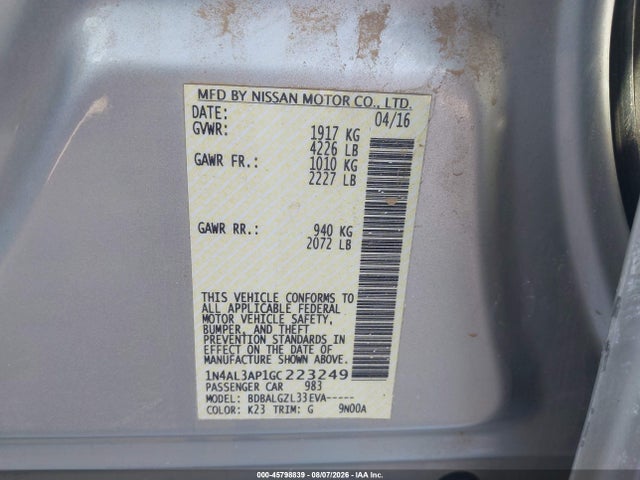1N4AL3AP1GC223249 Nissan Altima 2.5/2.5 S/2.5 Sl/2.5 Sr/2.5 Sv