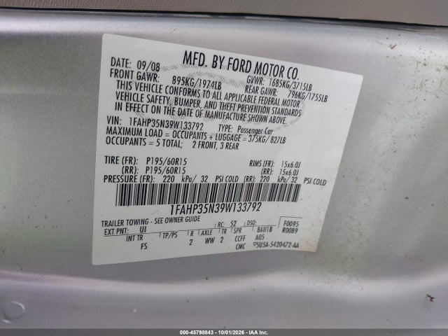 Aukcja sprzedaży 2009 Ford Focus Se, vin: 1FAHP35N39W133792, numer aukcji: 45798843