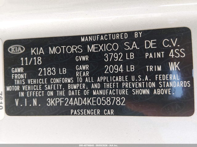 45798845 :رقم المزاد ، 3KPF24AD4KE058782 vin ، 2019 Kia Forte Lxs مزاد بيع