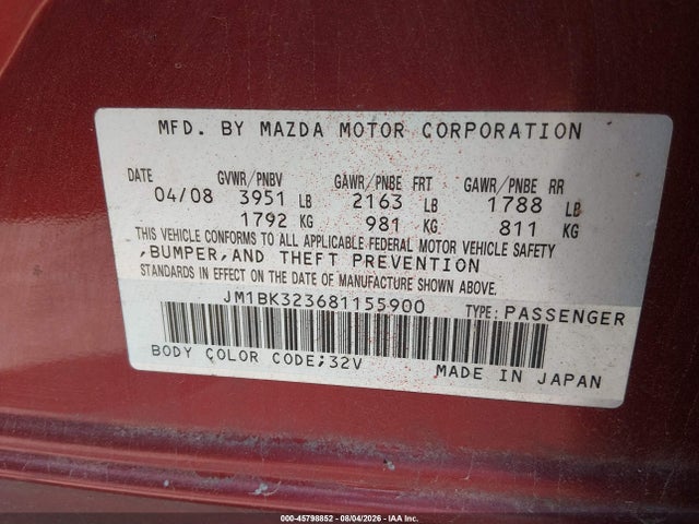 2008 Mazda Mazda3 S Sport მანქანა იყიდება აუქციონზე, vin: JM1BK323681155900, აუქციონის ნომერი: 45798852