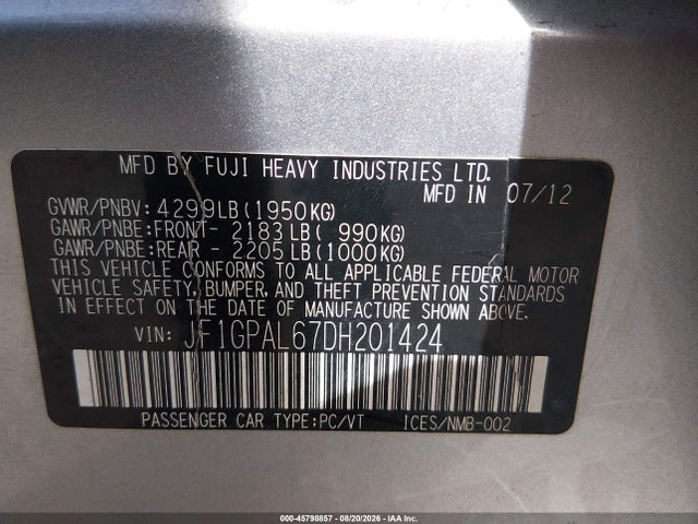 Aukcja sprzedaży 2013 Subaru Impreza 2.0i Sport Premium, vin: JF1GPAL67DH201424, numer aukcji: 45798857