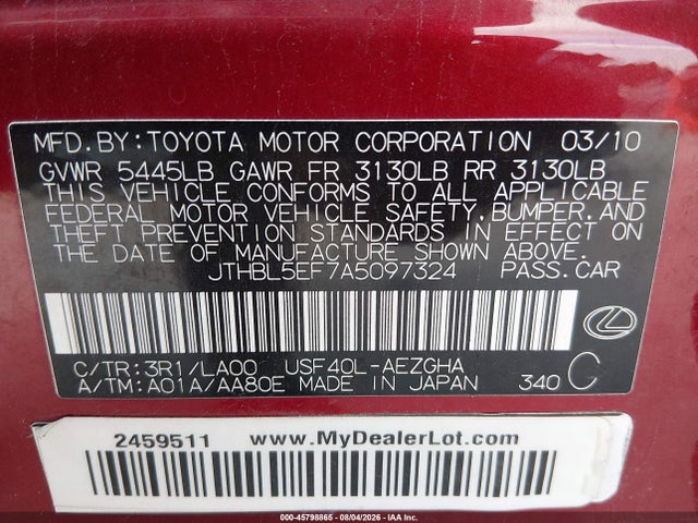 Aukcja sprzedaży 2010 Lexus Ls 460, vin: JTHBL5EF7A5097324, numer aukcji: 45798865
