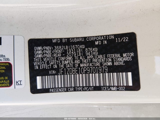 Aukcja sprzedaży 2023 Subaru Brz Limited, vin: JF1ZDBE10P9701979, numer aukcji: 45798868