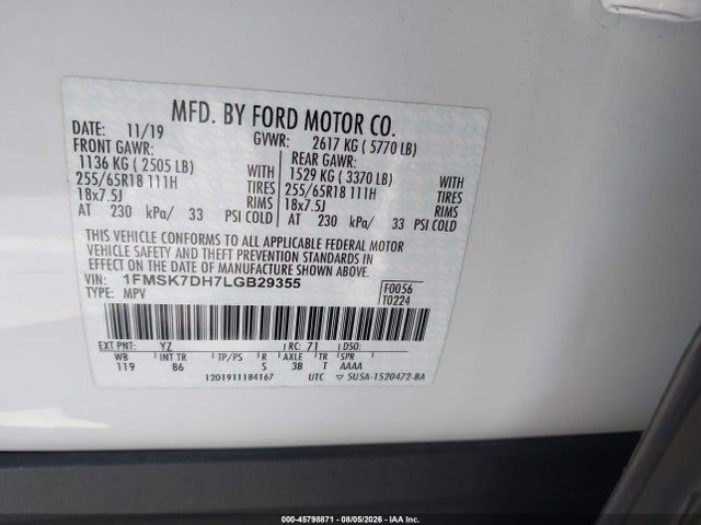 Продажа на аукционе авто 2020 Ford Explorer Xlt, vin: 1FMSK7DH7LGB29355, номер лота: 45798871