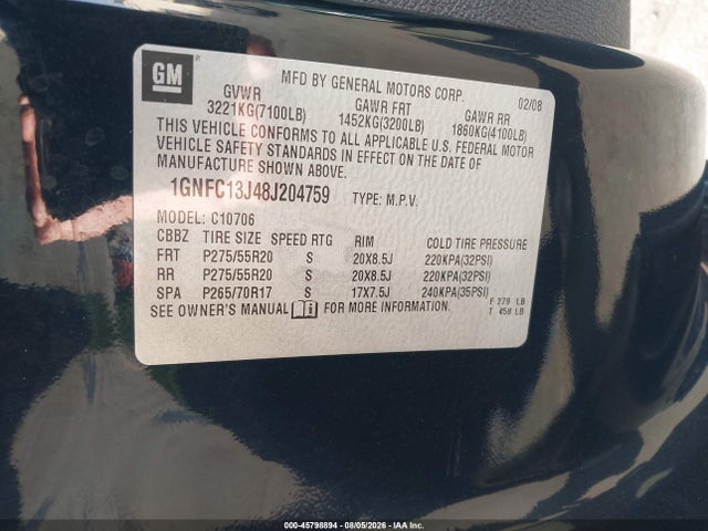 Aukcja sprzedaży 2008 Chevrolet Tahoe Ltz, vin: 1GNFC13J48J204759, numer aukcji: 45798894