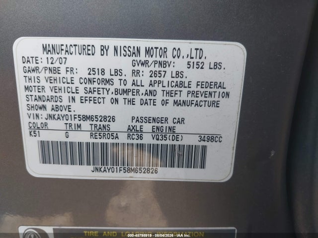 Aukcja sprzedaży 2008 Infiniti M35x, vin: JNKAY01F58M652826, numer aukcji: 45798919
