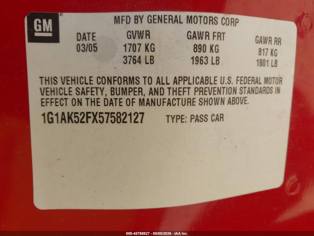 45798927 :رقم المزاد ، 1G1AK52FX57582127 vin ، 2005 Chevrolet Cobalt مزاد بيع