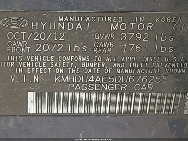 45798929 :رقم المزاد ، KMHDH4AE5DU676255 vin ، 2013 Hyundai Elantra Limited مزاد بيع
