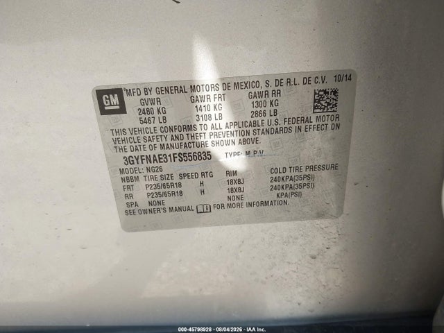 45798928 :رقم المزاد ، 3GYFNAE31FS556835 vin ، 2015 Cadillac Srx Standard مزاد بيع