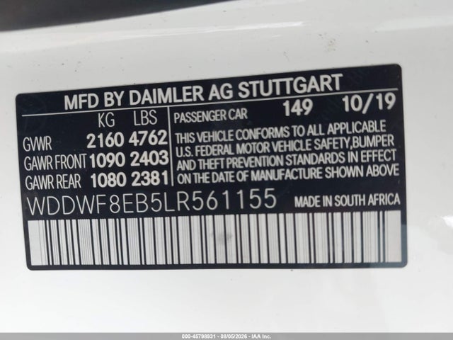 Продаж на аукціоні авто 2020 Mercedes-benz C 300 4matic, vin: WDDWF8EB5LR561155, номер лоту: 45798931