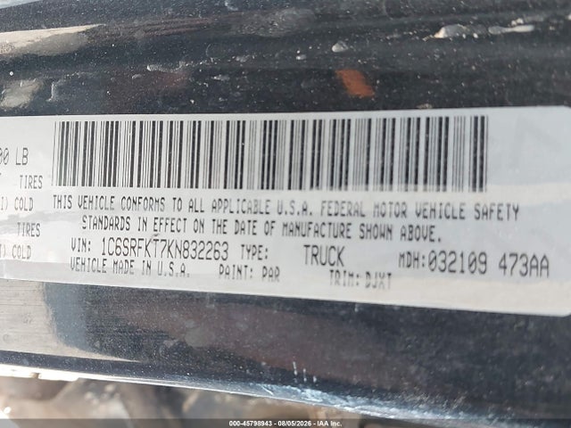 45798943 :رقم المزاد ، 1C6SRFKT7KN832263 vin ، 2019 Ram 1500 Longhorn  4x4 5'7 Box مزاد بيع