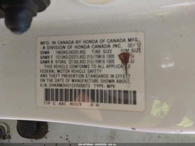 Aukcja sprzedaży 2012 Honda Cr-v Lx, vin: 2HKRM3H31CH500073, numer aukcji: 45798944