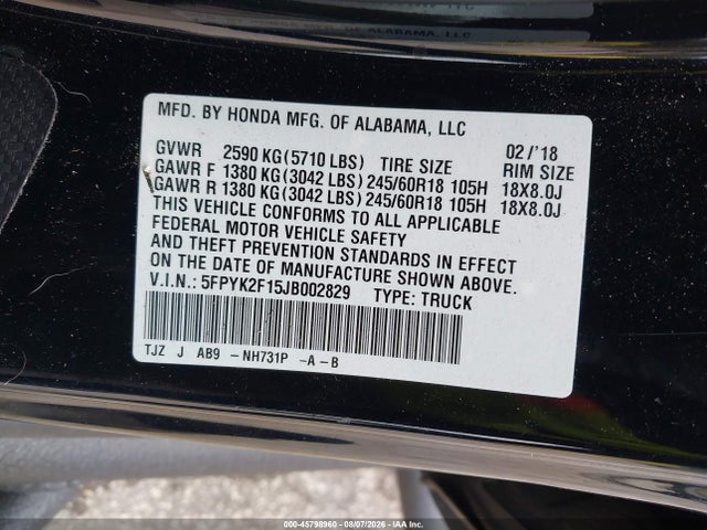 Продаж на аукціоні авто 2018 Honda Ridgeline Sport, vin: 5FPYK2F15JB002829, номер лоту: 45798960