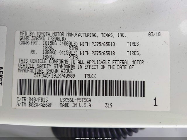 5TFDW5F19JX740989 Toyota Tundra Sr5 5.7l V8