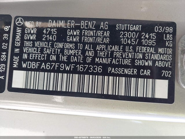 45798976 :رقم المزاد ، WDBFA67F9WF167336 vin ، 1998 Mercedes-benz Sl 500 مزاد بيع