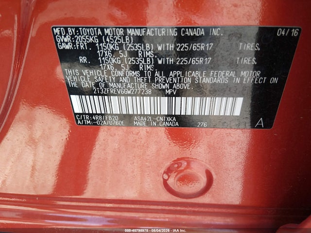 45798978 :رقم المزاد ، 2T3ZFREV6GW277238 vin ، 2016 Toyota Rav4 Le مزاد بيع