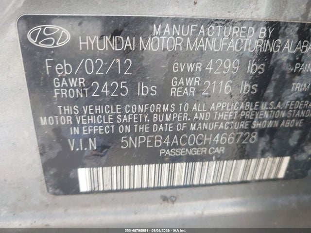 45798981 :رقم المزاد ، 5NPEB4AC0CH466728 vin ، 2012 Hyundai Sonata Gls مزاد بيع
