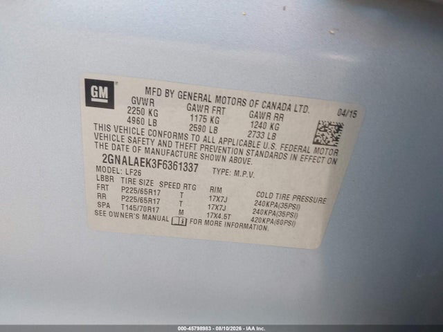 Chevrolet EQUINOX LS 2015 2GNALAEK3F6361337 Image 9