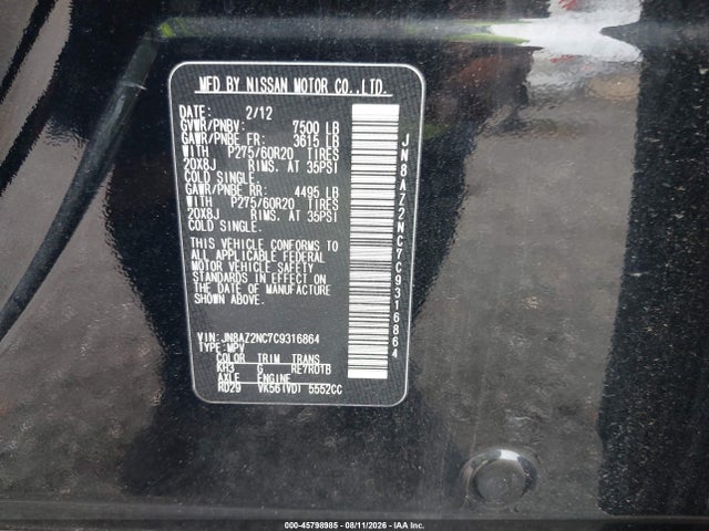 2012 Infiniti Qx56 მანქანა იყიდება აუქციონზე, vin: JN8AZ2NC7C9316864, აუქციონის ნომერი: 45798985
