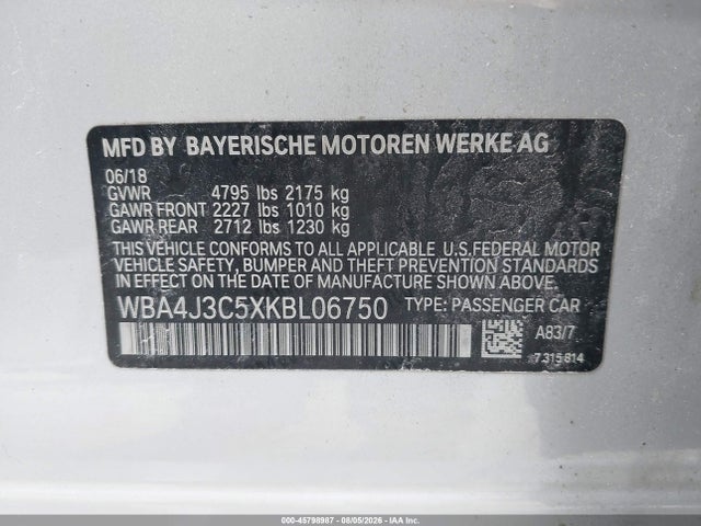 Aukcja sprzedaży 2019 Bmw 430i Gran Coupe Xdrive, vin: WBA4J3C5XKBL06750, numer aukcji: 45798987