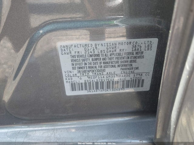 45798990 :رقم المزاد ، 3N1AB7AP0KY304590 vin ، 2019 Nissan Sentra Sv مزاد بيع