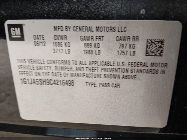 Продаж на аукціоні авто 2012 Chevrolet Sonic 2ls, vin: 1G1JA5SH9C4216498, номер лоту: 45798989