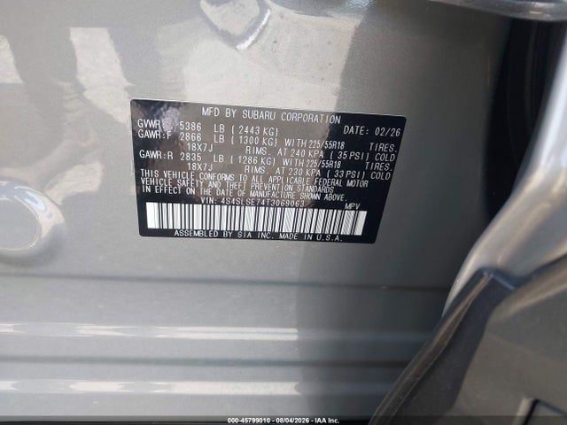 2026 Subaru Forester Premium მანქანა იყიდება აუქციონზე, vin: 4S4SLSE74T3069063, აუქციონის ნომერი: 45799010