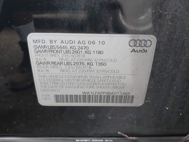 Продаж на аукціоні авто 2011 Audi Q5 2.0t Premium, vin: WA1LFAFP8BA011485, номер лоту: 45799017