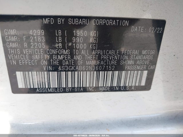 Aukcja sprzedaży 2022 Subaru Impreza Base, vin: 4S3GKAB62N3607152, numer aukcji: 45799025