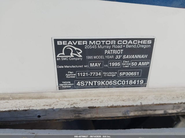 45799027 :رقم المزاد ، 4S7NT9K06SC018419 vin ، 1995 Spartan Motors Motorhome مزاد بيع