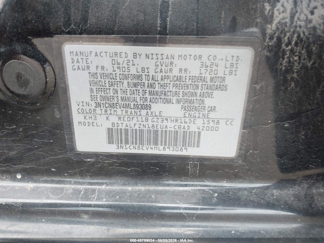 Aukcja sprzedaży 2021 Nissan Versa Sv Xtronic Cvt, vin: 3N1CN8EV4ML893089, numer aukcji: 45799034
