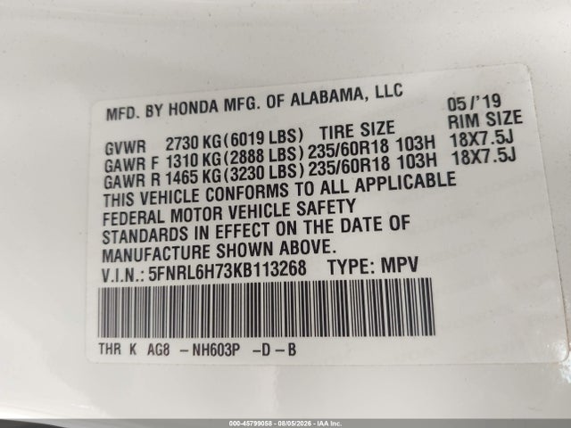 45799058 :رقم المزاد ، 5FNRL6H73KB113268 vin ، 2019 Honda Odyssey Ex-l مزاد بيع