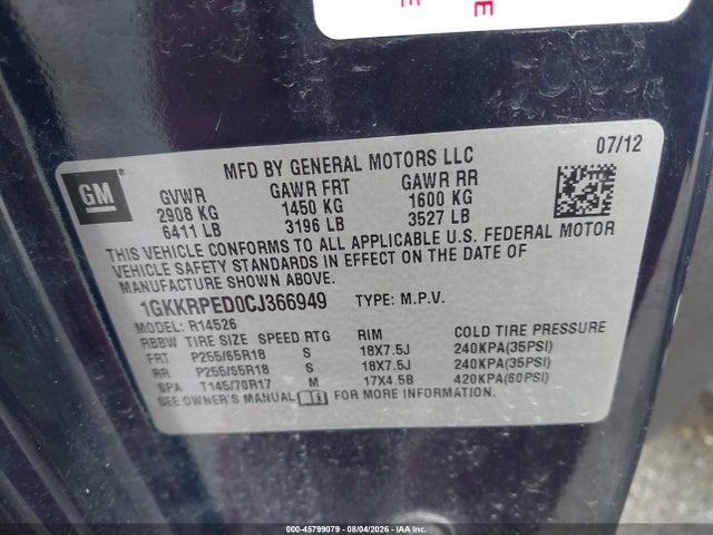 2012 Gmc Acadia Sle მანქანა იყიდება აუქციონზე, vin: 1GKKRPED0CJ366949, აუქციონის ნომერი: 45799079