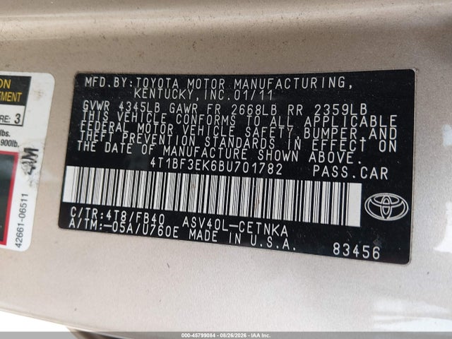 Продажа на аукционе авто 2011 Toyota Camry Le, vin: 4T1BF3EK6BU701782, номер лота: 45799084