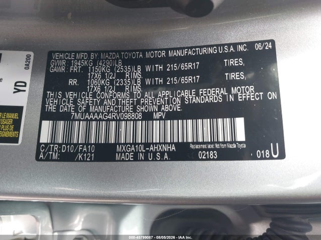 2024 Toyota Corolla Cross L მანქანა იყიდება აუქციონზე, vin: 7MUAAAAG4RV098808, აუქციონის ნომერი: 45799087