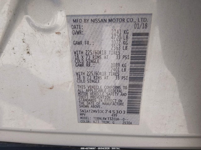 Продажа на аукционе авто 2018 Nissan Rogue Sl, vin: 5N1AT2MV3JC745303, номер лота: 45799097