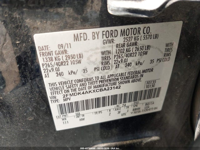 Продажа на аукционе авто 2012 Ford Edge Sport, vin: 2FMDK4AKXCBA23142, номер лота: 45799099