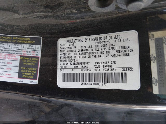 45799112 :رقم المزاد ، JN1BZ36A78M851977 vin ، 2008 Nissan 350z Touring مزاد بيع