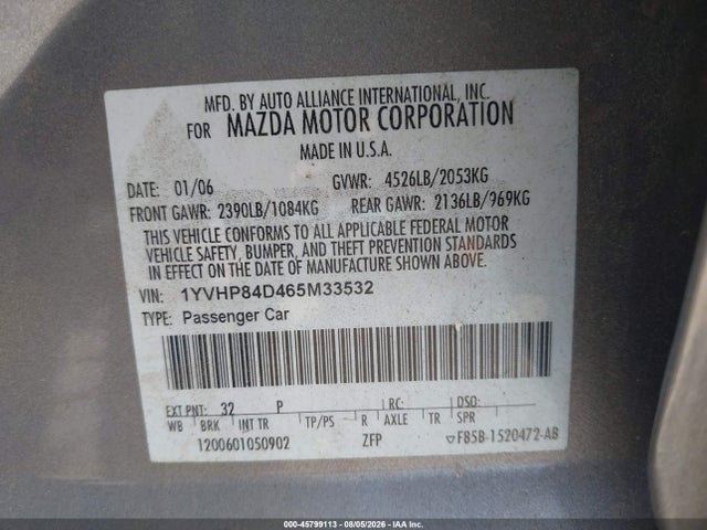 Продаж на аукціоні авто 2006 Mazda Mazda6 Sport S, vin: 1YVHP84D465M33532, номер лоту: 45799113