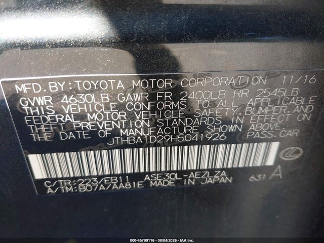 45799116 :رقم المزاد ، JTHBA1D29H5041926 vin ، 2017 Lexus Is 200t مزاد بيع