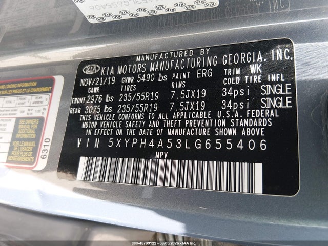 Aukcja sprzedaży 2020 Kia Sorento 3.3l Ex, vin: 5XYPH4A53LG655406, numer aukcji: 45799122
