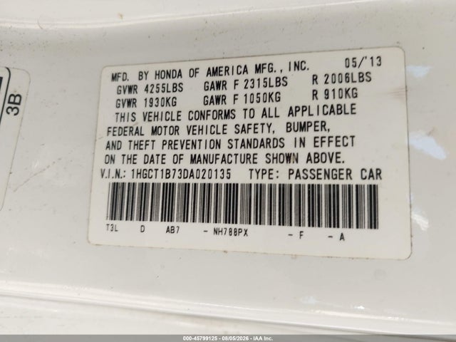 Продажа на аукционе авто 2013 Honda Accord Ex, vin: 1HGCT1B73DA020135, номер лота: 45799125