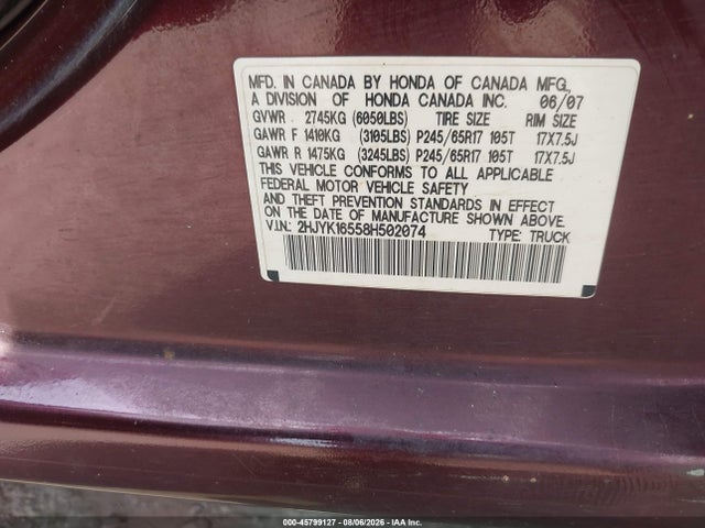 Продаж на аукціоні авто 2008 Honda Ridgeline Rtl, vin: 2HJYK16558H502074, номер лоту: 45799127